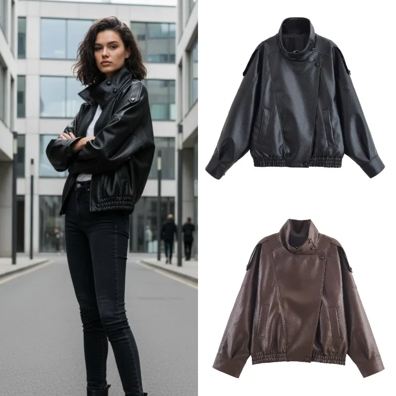 Winter Retro Leather Jacket  Women Three-dimensional Lychee Pattern Texture Street Fashion Motorcycle Jacket Casual  Pure Color