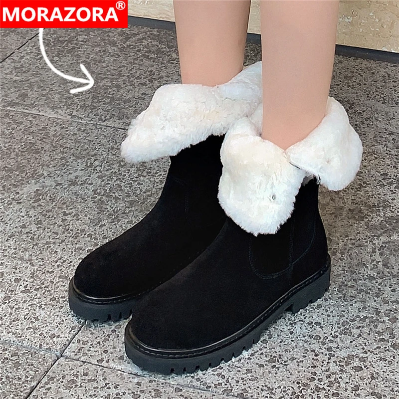 

MORAZORA Size 34-40 New Fashion Cow Suede Leather Snow Boots Women Wool Warm Winter Boots Sweet Ladies Mid Calf Boots