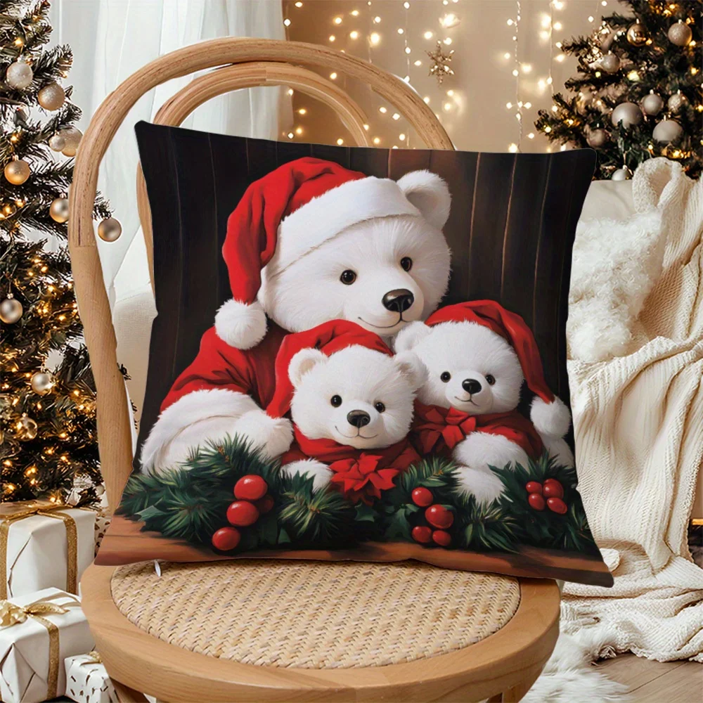Christmas Polar Bear Family Double Sided Throw Pillow Cover Zipper Cushion Case Sofa Bed Car Home Decor No Insert