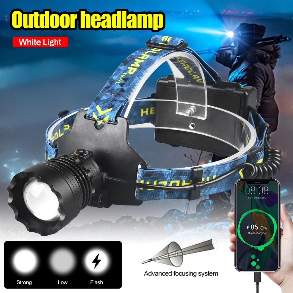 10000lm Bright White Headlamp Type-C Charging Adjustable Focus Headlight 3 Light Modes Toch Power by 3*18650 Battery