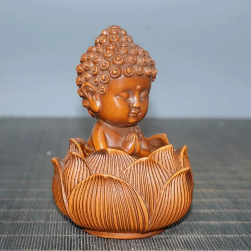 Chinese Vintage Boxwood Carved Exquisite Baby Buddha Lotus Statue Figurines Art