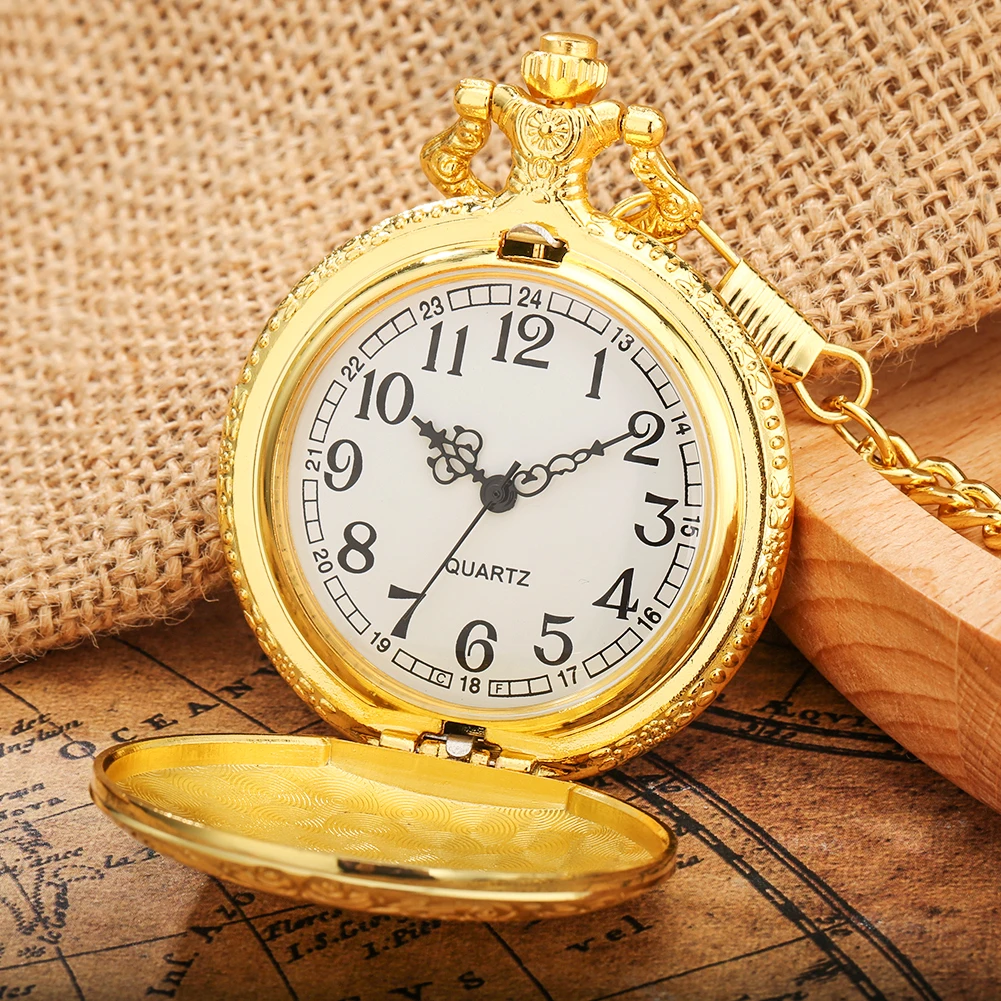 With Watch Box Retro Embossed Shield Pattern Quartz Pocket Watch With Chain Vintage Full Cover Pocket Watch Gift for Men Women