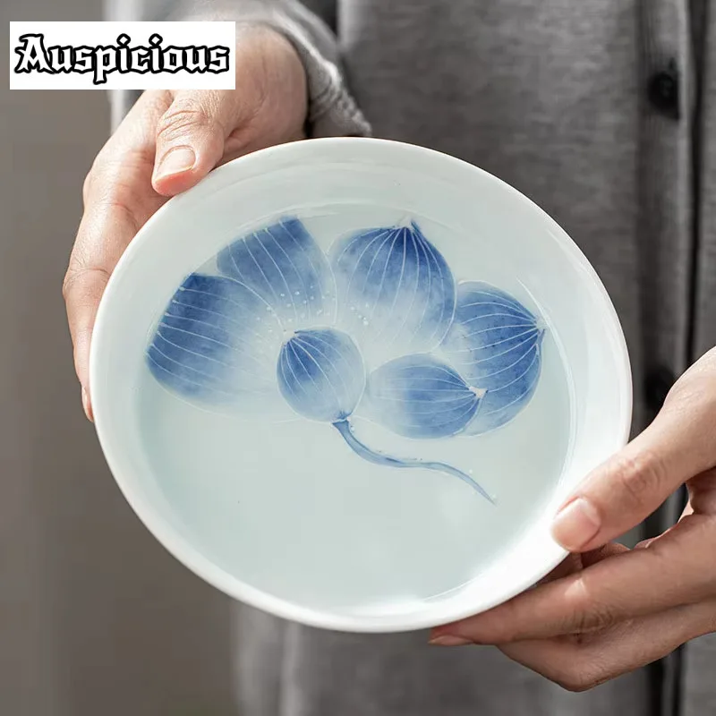 

Handmade White Porcelain Teapot Bearing Engrave Lotus CeramicTea Tray Fruit Tray Household Pot Holder Supporting Tea Ceremony