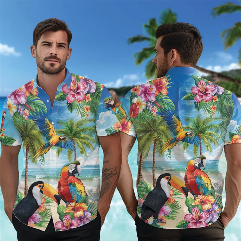 Cute Parrot Toucan 3D Print Shirts For Men Clothes Summer Vacation Hawaii Travel Beach Shirts Aloha Birds Lapel Blouse Women Top