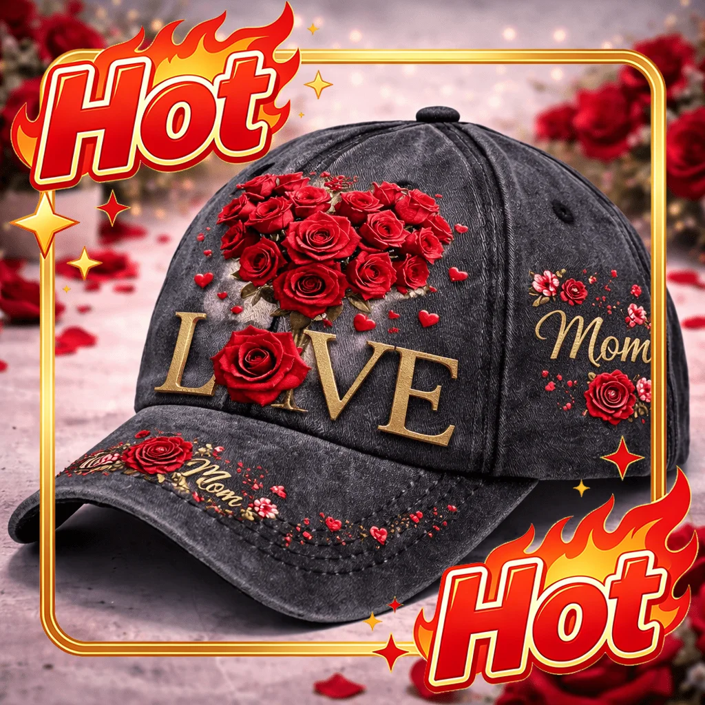 Custom Vintage Washed Adjustable Printed Baseball Cap, Love Red Rose Mom Design, Luxurious Collectible Mother'S Day Gift, Elegan