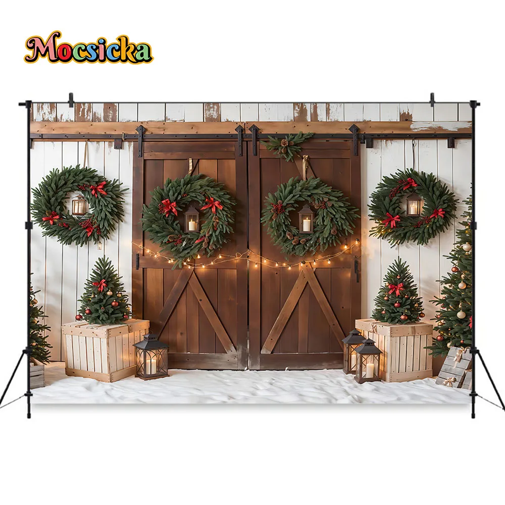 Wooden Barn Door Background Christmas Photography Green Xmas Tree Wreath Backdrop Kids Family Photo Studio Snowy Outdoor Decor