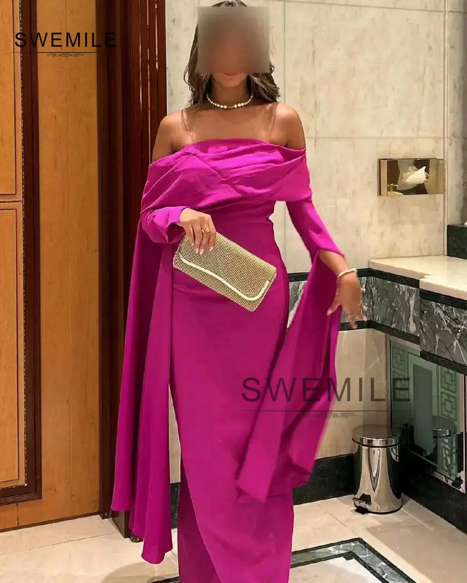 SWEMILE Sheath Strapless Evening Dresses Floor-Length Chiffon Zipper Up Long Sleeves Prom Dresses Wedding Party Dress Vestidos