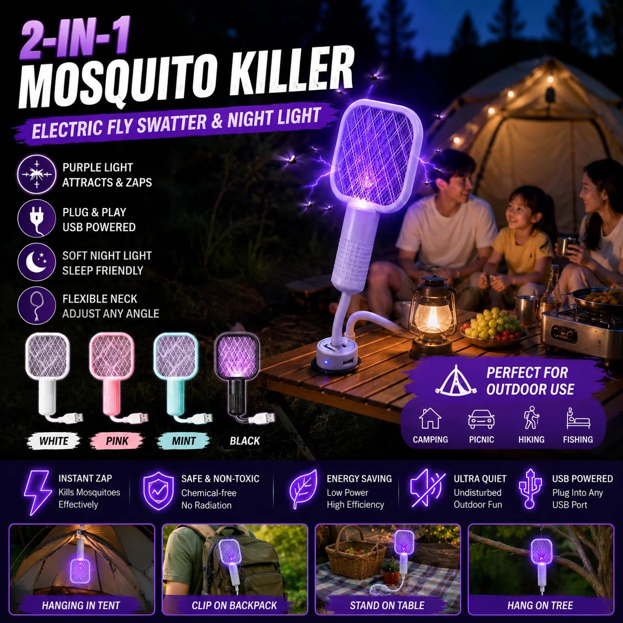 Outdoor Usb Mosquito Killer With Uv Light 2in1 Electric Swatter And Trap Plug And Play Mosquito Repellent Device For Camping