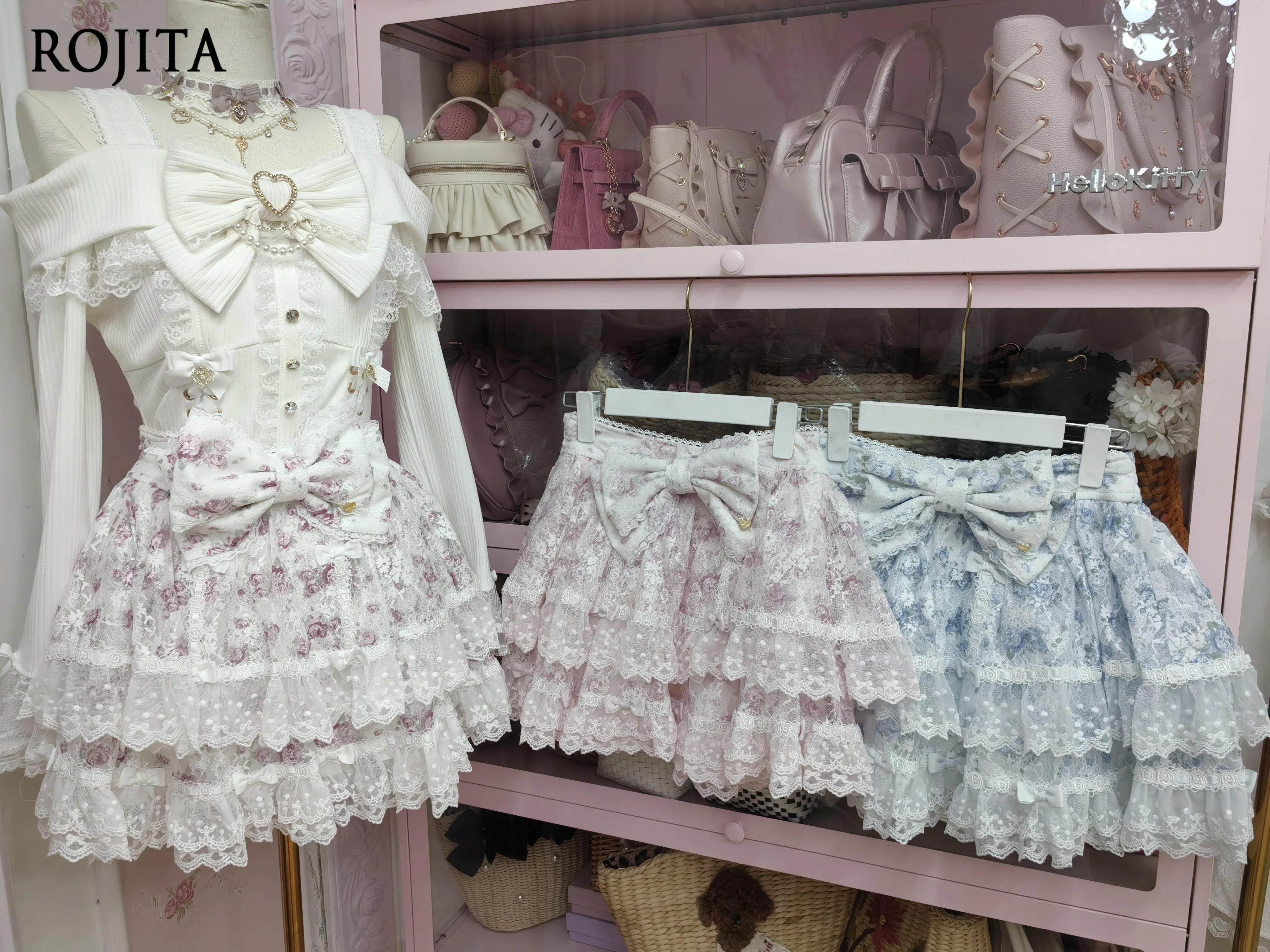 Sweet Lolita Floral Tiered Lace Mini Skirt Big Waist Bow Ruffle Dot Mesh Layered Short Skirt 3 Colors