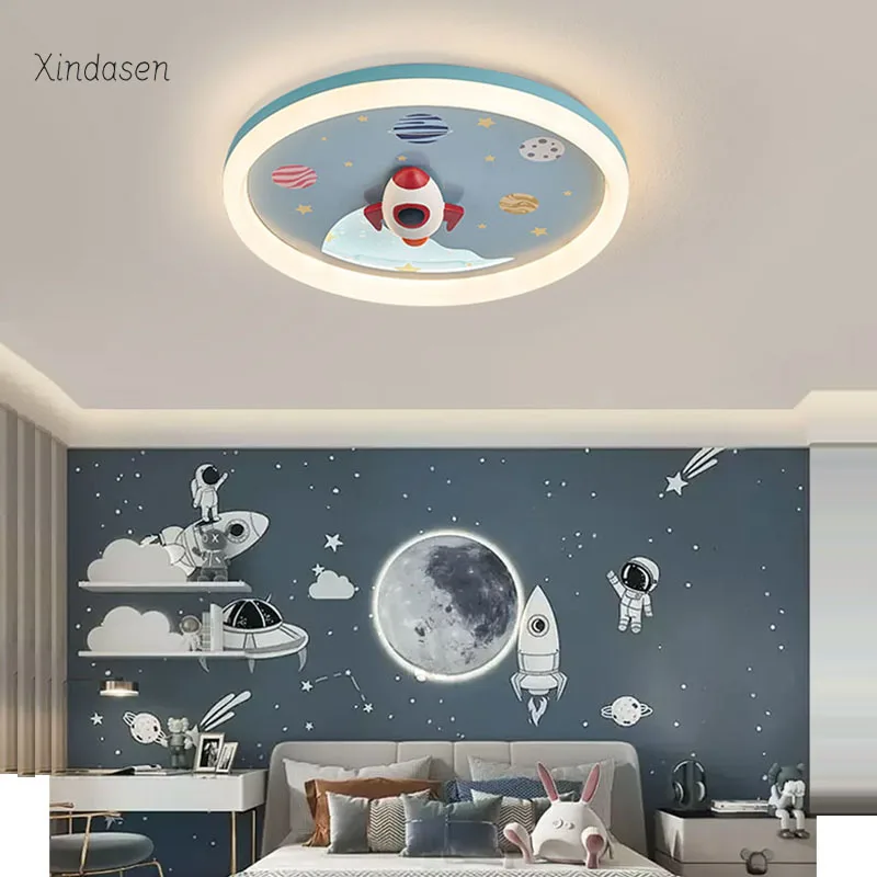 Modern Rocket Led Ceiling Lights For Kids Room Boys Bedroom Study Baby Blue Lustre Cartoon Chandelier Planet Space Ceiling Lamp