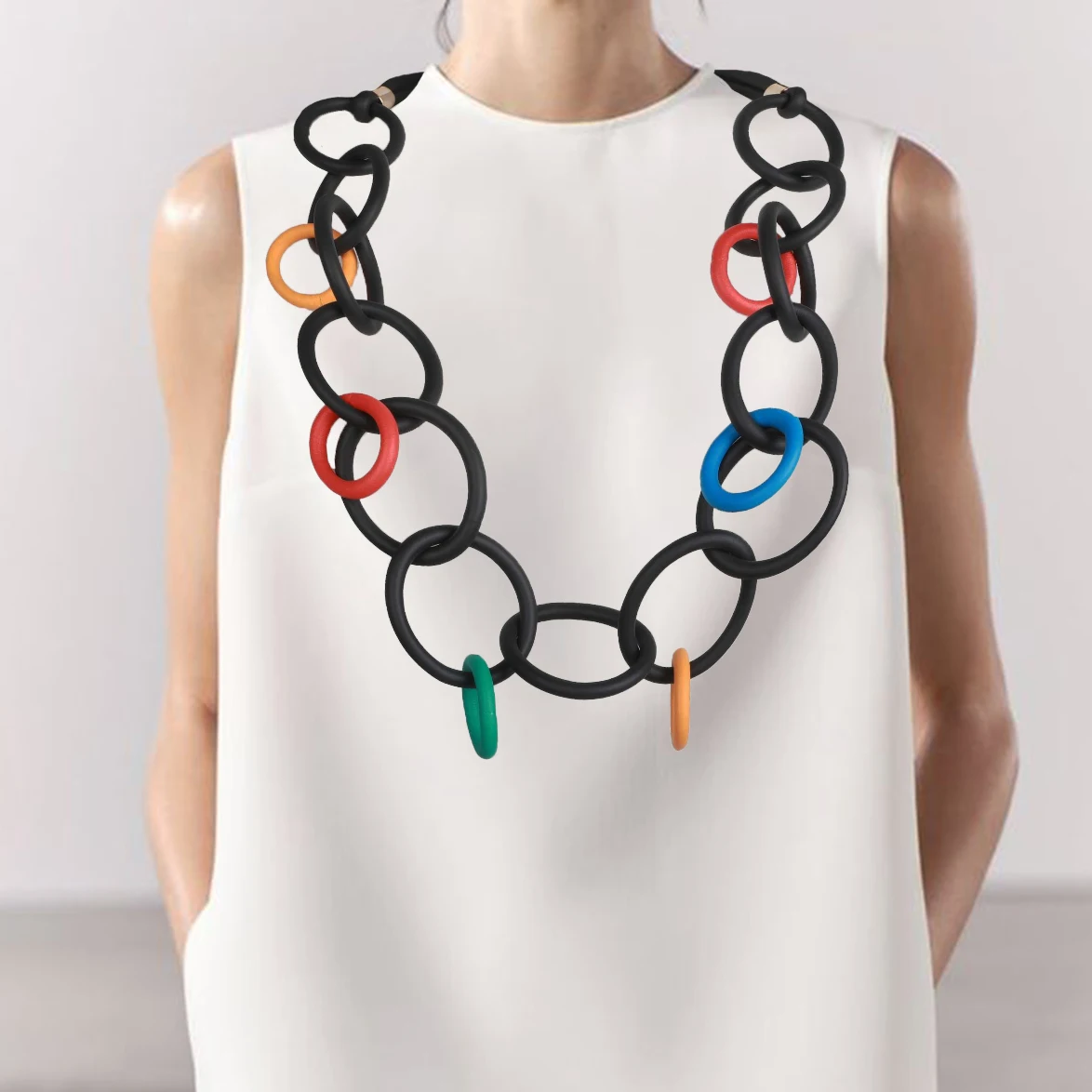 New Bohemian Style Handmade Design Colorful Circle Black Rubber Chain Gothic Style Matching Women's Jewelry Necklace Collar