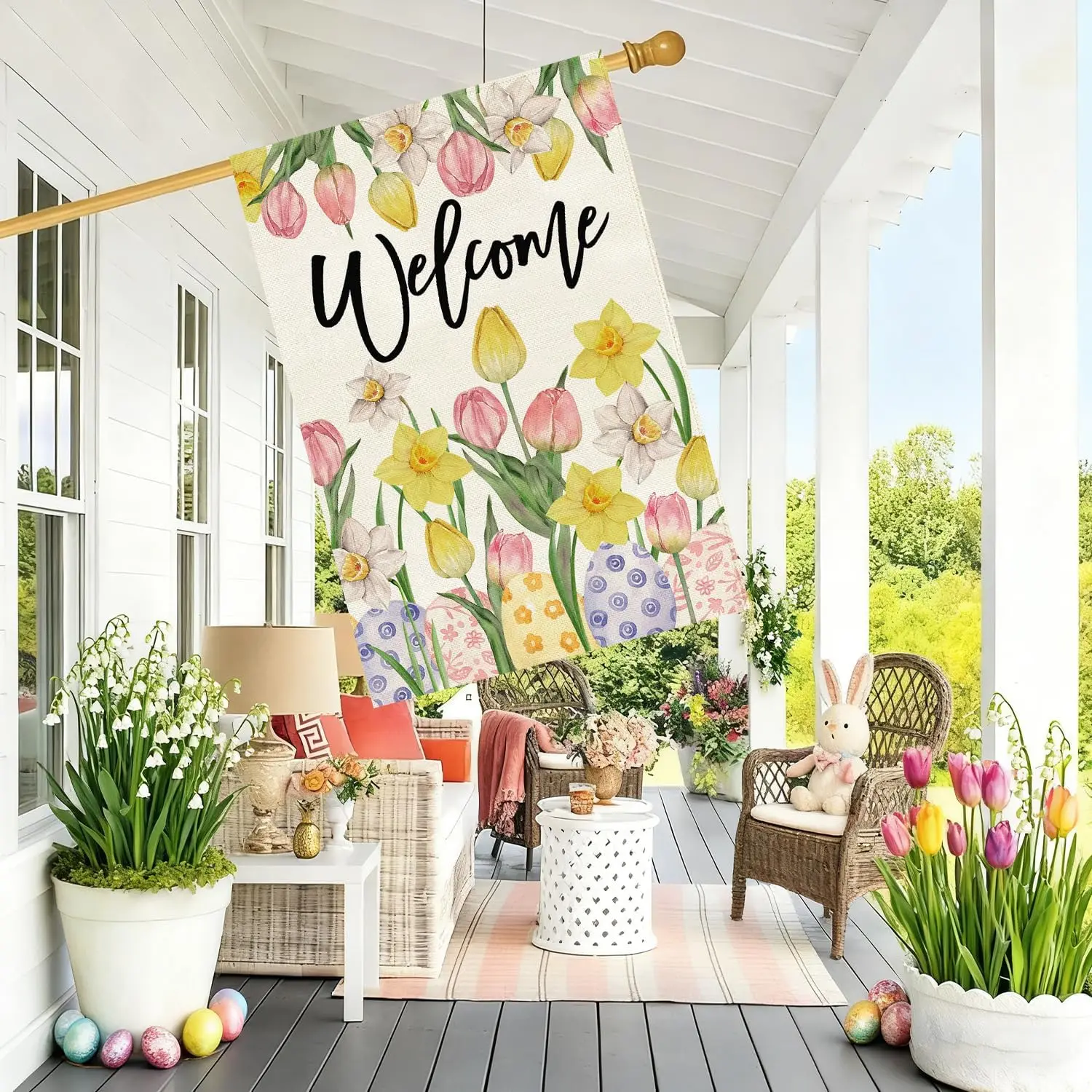 Baccessor Welcome Easter House Flag 28 x 40 Inch, Double Sided Burlap Tulip Daffodil Colorful Eggs Farmhouse Large Yard Flag GGX