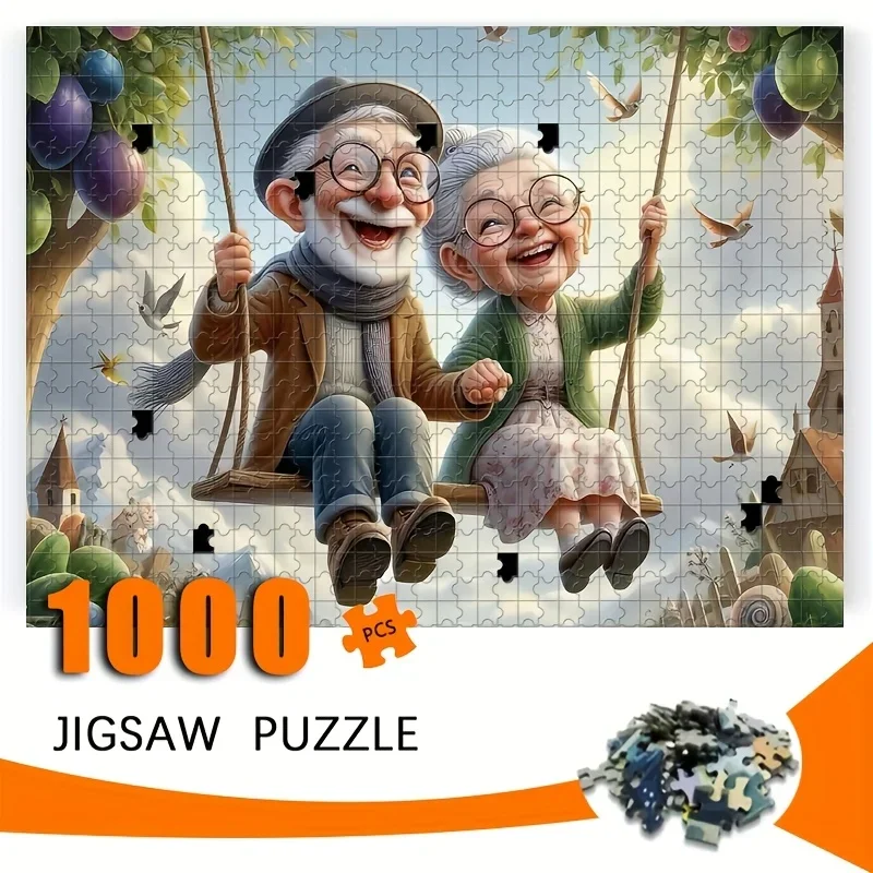 1000pcs Grandpa & Grandma Swing Puzzle for Adults & Seniors - Large Puzzle with Couple Scene, Portable DIY Challenge, Birthday