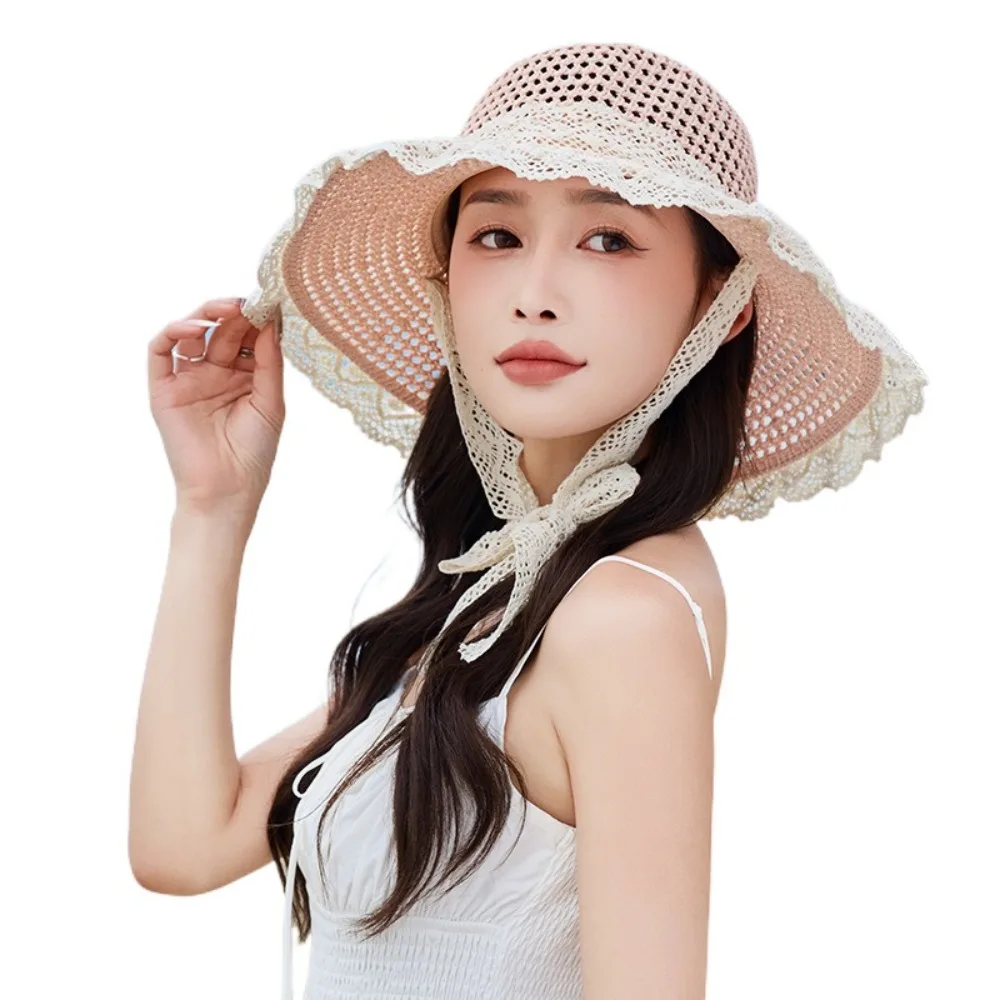 

Fashion Large Brim Women Straw Hat Sunshade Breathable Lace Tied Sun Hat Neck Cover Hollow Out UV Protection Cap Female