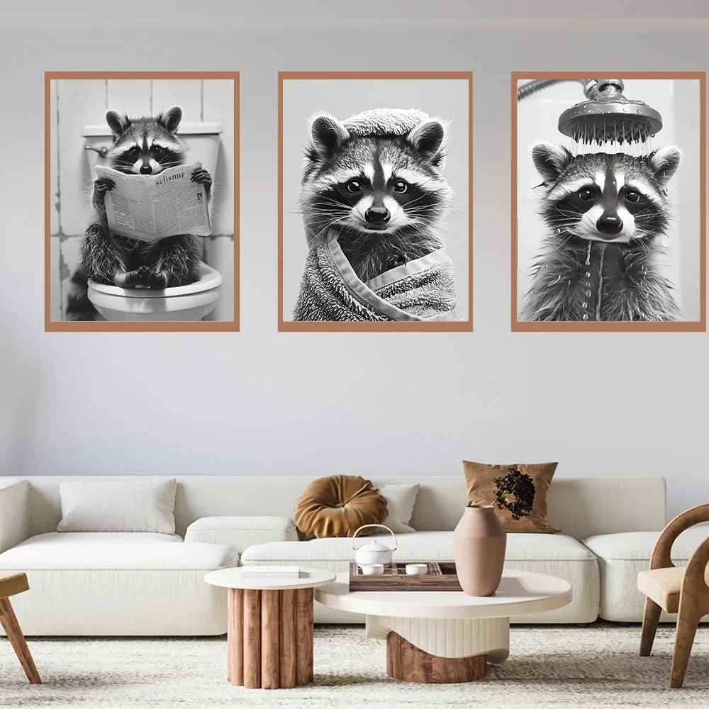 Cute Raccoon in the Toilet Funny Animal Bathroom Posters Prints Canvas Painting Black White Wall Art Pictures Shower Home Decor