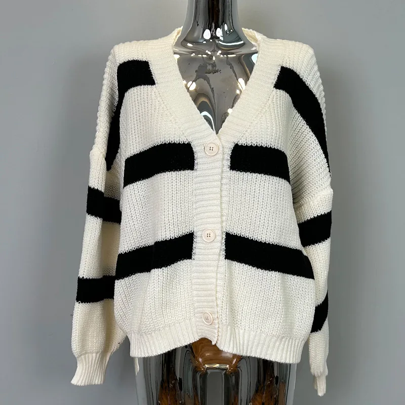 Korean Dongdaemun New Arrival Lazy Style Striped Loose Knitted Open Cardigan Women's Scent Unique Attractiveness Casual Fashion