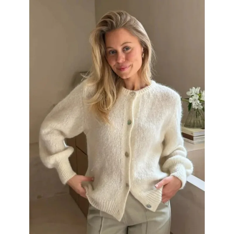 

Bornladies женский новый вязаный кардиган с длинным рукавом и круглым вырезом на пуговицах, свободный крой, мягкая смесь мохера, весенне-осенние модные свитера