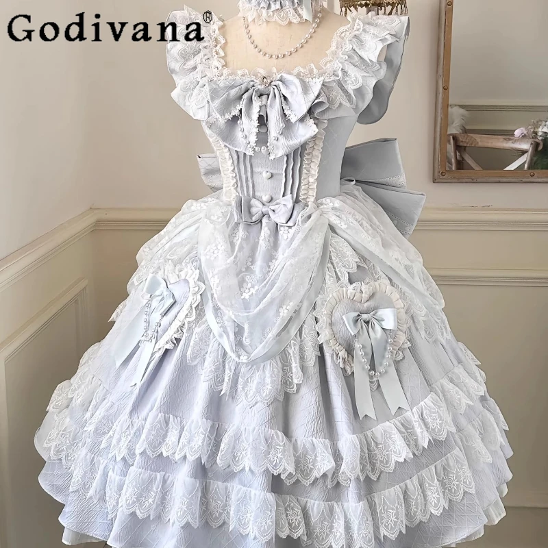 

Blue Sweet Girl Doll Lace Lolita Dress Sleeveless Cosplay Birthday Princess Dress Women's Wedding Party Kawaii Dress