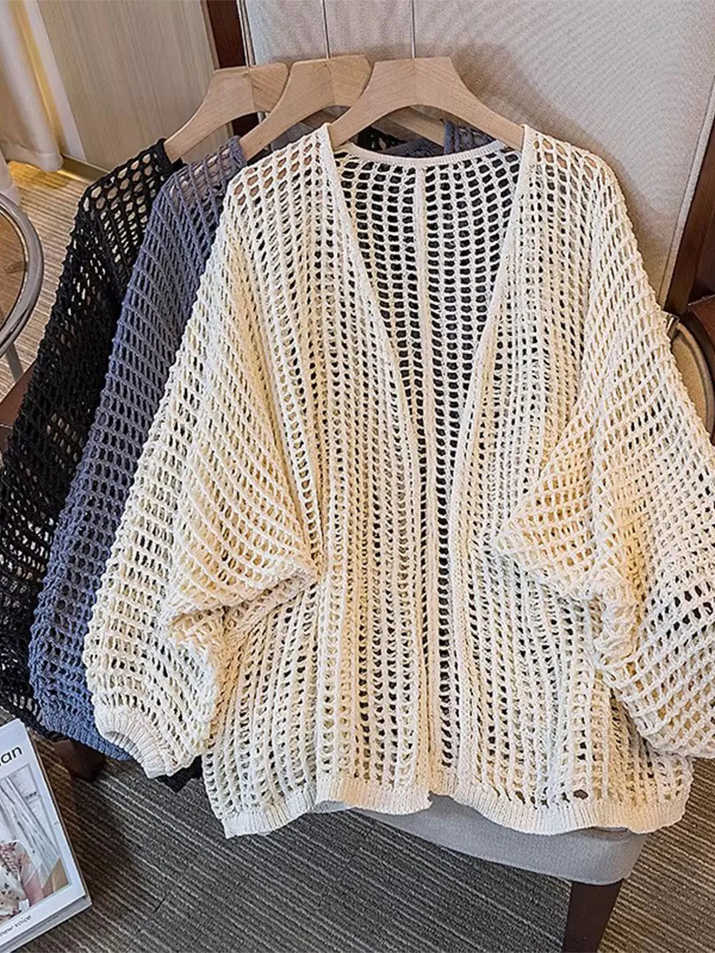 

Женский летний тонкий ажурный кардиган с длинными рукавами, свободного кроя, повседневный, из мягкой полиэфирной ткани