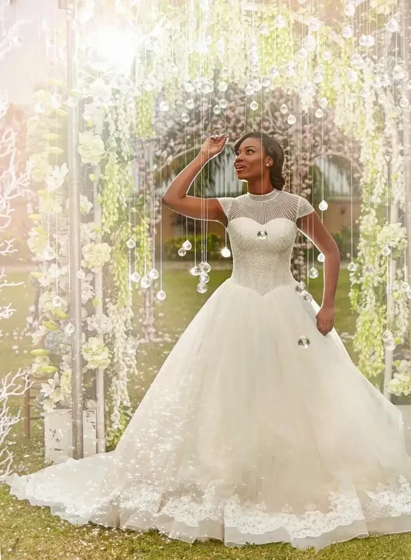 

Customized Arabic Plus Size Wedding Dresses High Neck Cap Sleeves Beaded Appliques Tulle Bridal Dress African Nigeria Wedding Go