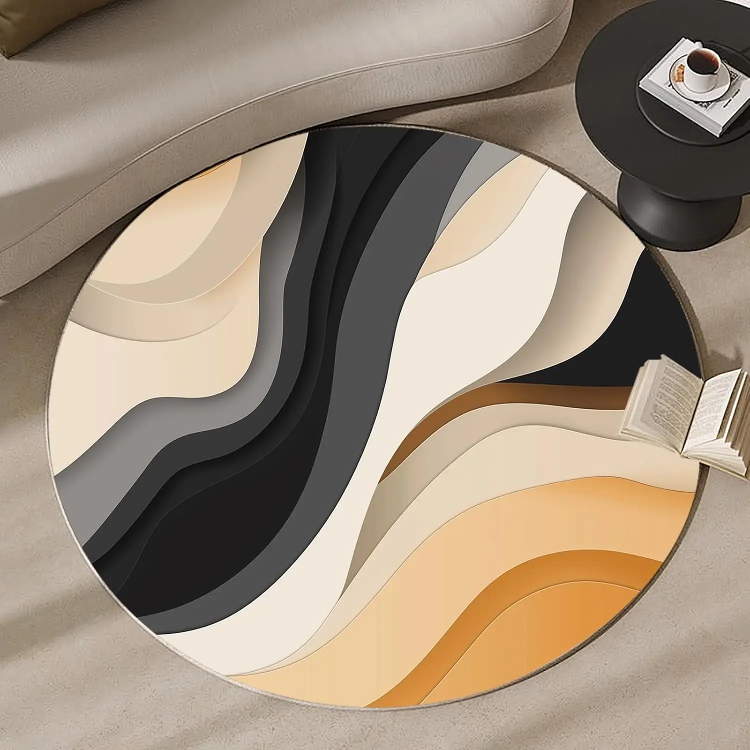 Modern Terracotta Beige Round Carpet Fluid Abstract Swirl Area Mat Nordic Coffee Table Sofa Parlor Salon Decorative Floor Detail