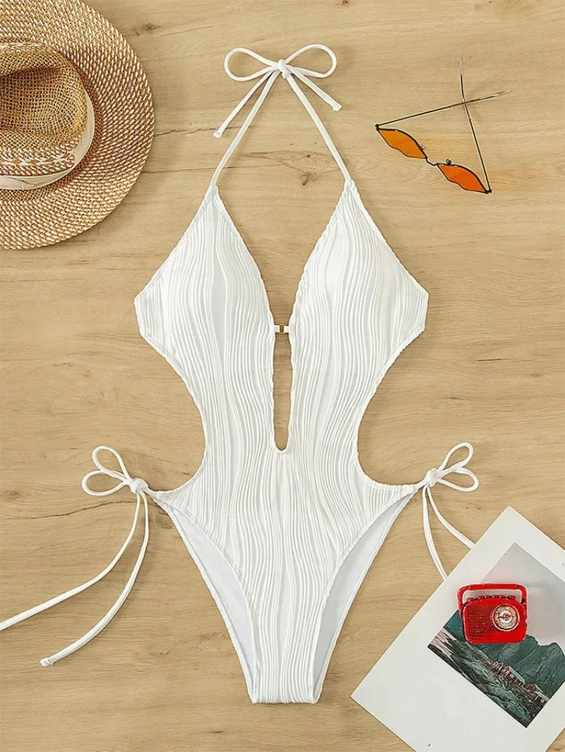 Traje de baño sexy ondulado con cuello halter, bikinis de una pieza 2024, traje de baño con Tanga y lazo para mujer, traje de baño femenino, bikini