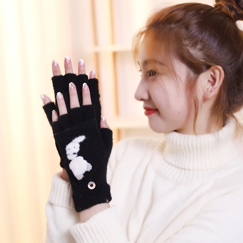 

New Cute Cat Fingerless Flip Cover Gloves for Women Elegant Winter Warm Student Writing Acrylic Knitted Show Finger Glove Girls