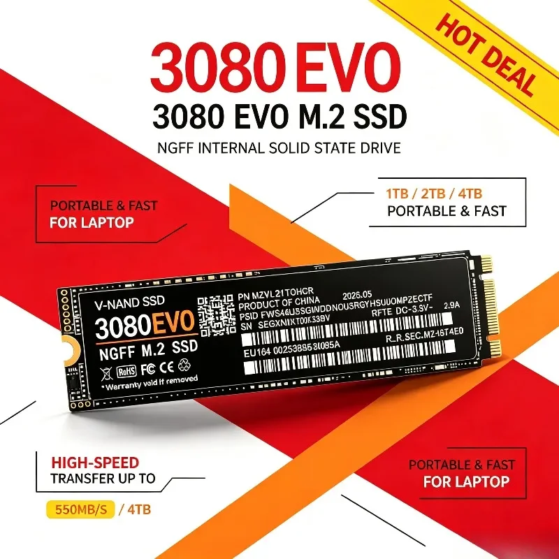High Speed Transfer SSD 3080 EVO M.2 2280 NGFF Internal Solid State Drive 550MB/S 1TB 2TB 4TB Portable Hard Drive for Laptop