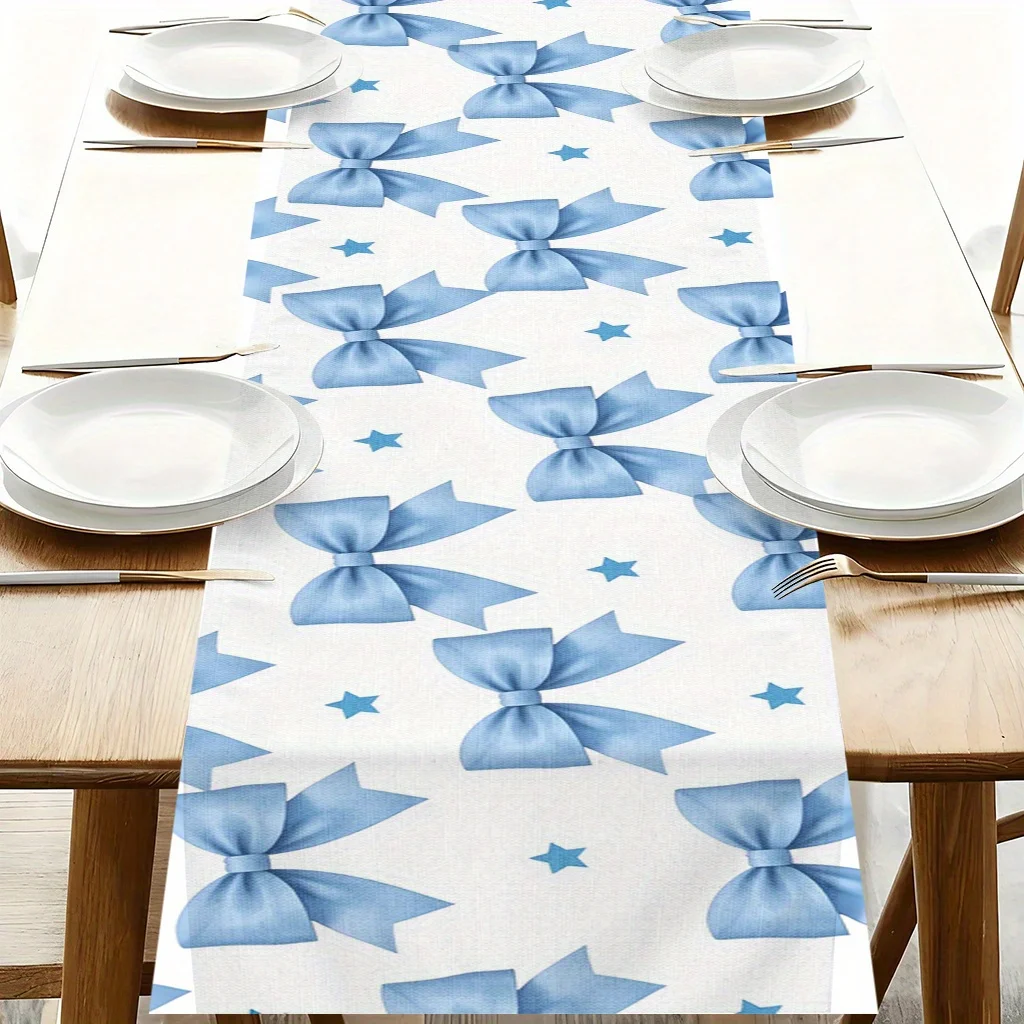 1pc Blue Bow Table Runner Festive Decorative Cloth for Home Kitchen Dining Office Living Room Holiday Party Decor