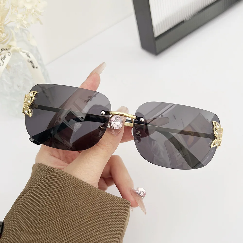 New Y2K Rimless Butterfly Square Sunglasses Women For Men Vintage Sun Glasses Luxury Brand Designer Steampunk Pink Shades UV400