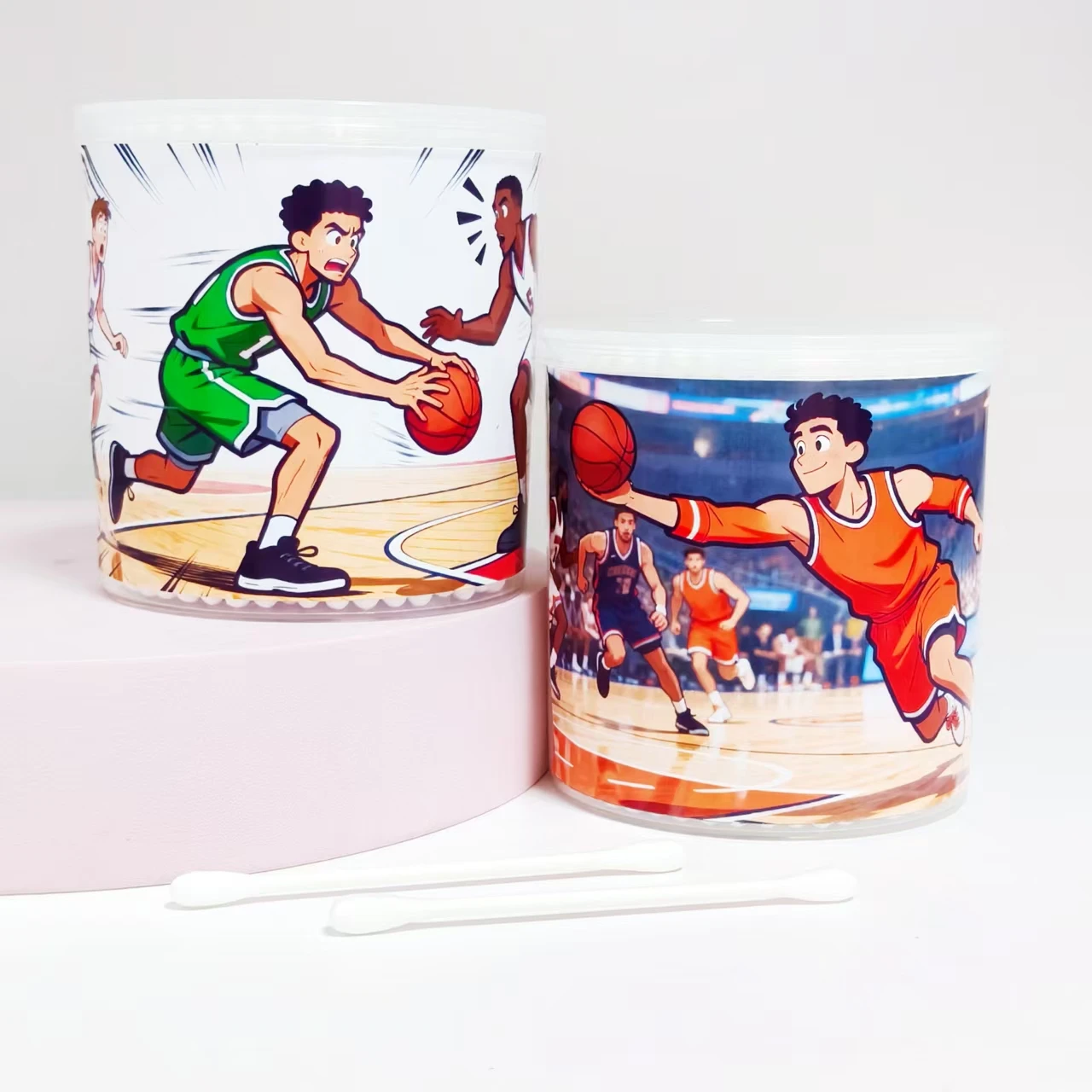 400 Stück/600 Stück Wattestäbchen mit Basketball-Thema-Muster, weißes doppelseitiges Rohr, Wattestäbchen