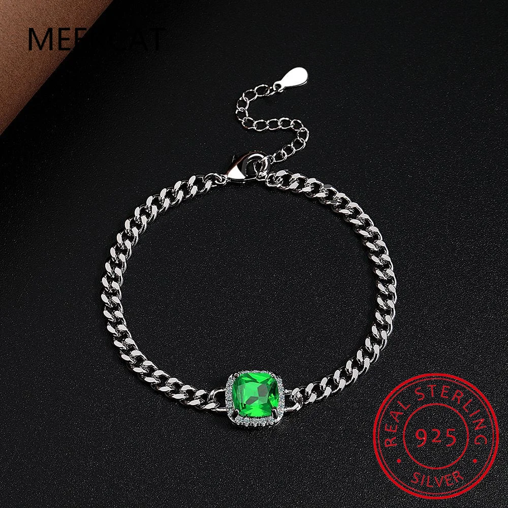 Princess Cut Square Green Nano Emerald Created Red Ruby 925 Sterling Silver Bracelet for Women Statement Gemstone Jewelry