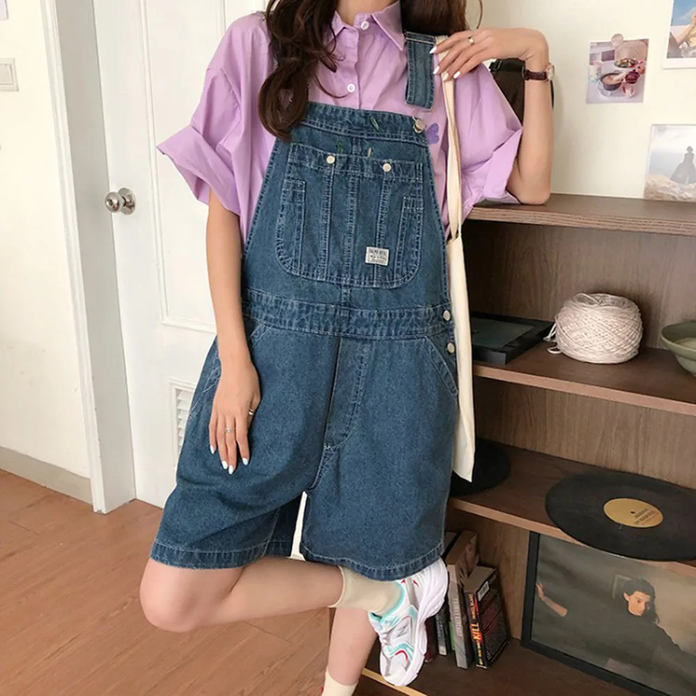 

Korean Loose Women Denim Short Overalls Thin Wide Leg Pants Preppy Jeans Femme Pant Baggy Pantalon Streetwear Clothes Ropa Mujer