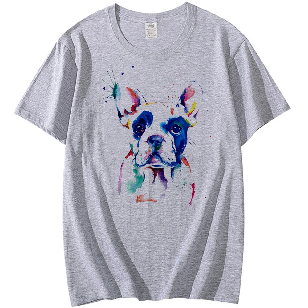 New Fashion Men O-Neck Active French Bulldog Watercolor Print unisex streetwear white Hip Hop Geek Short Sleeve T Shirts