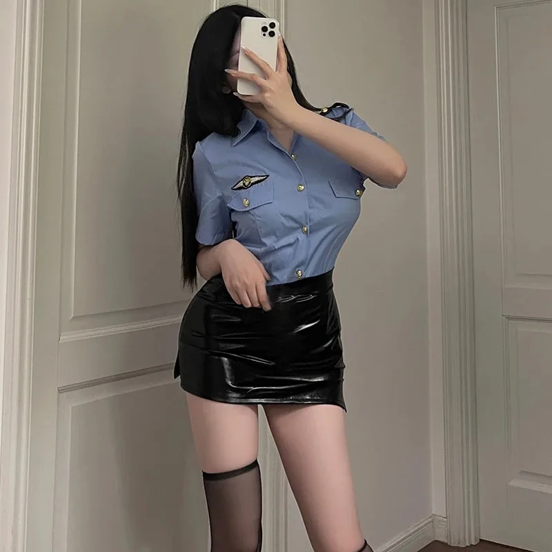 Blu Donne Sexy Uniforme Della Polizia Per Adulti Clubwear Carnevale di Halloween Gioco Del Partito Costumi Cosplay T-shirt + Mini Gonne Set di Lingerie