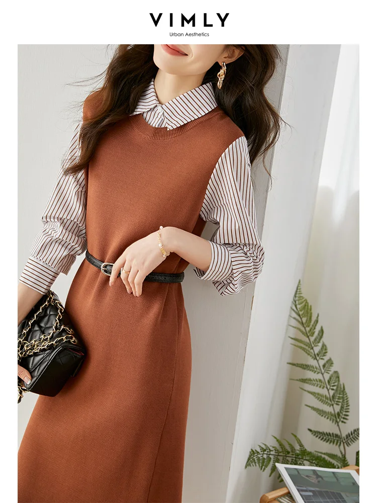 Vimly Spring Sweater Dresses for Women 2023 Korean Style Polo Collar Long Sleeve Knitted Fake Two-piece Shirt Dress Woman 71373