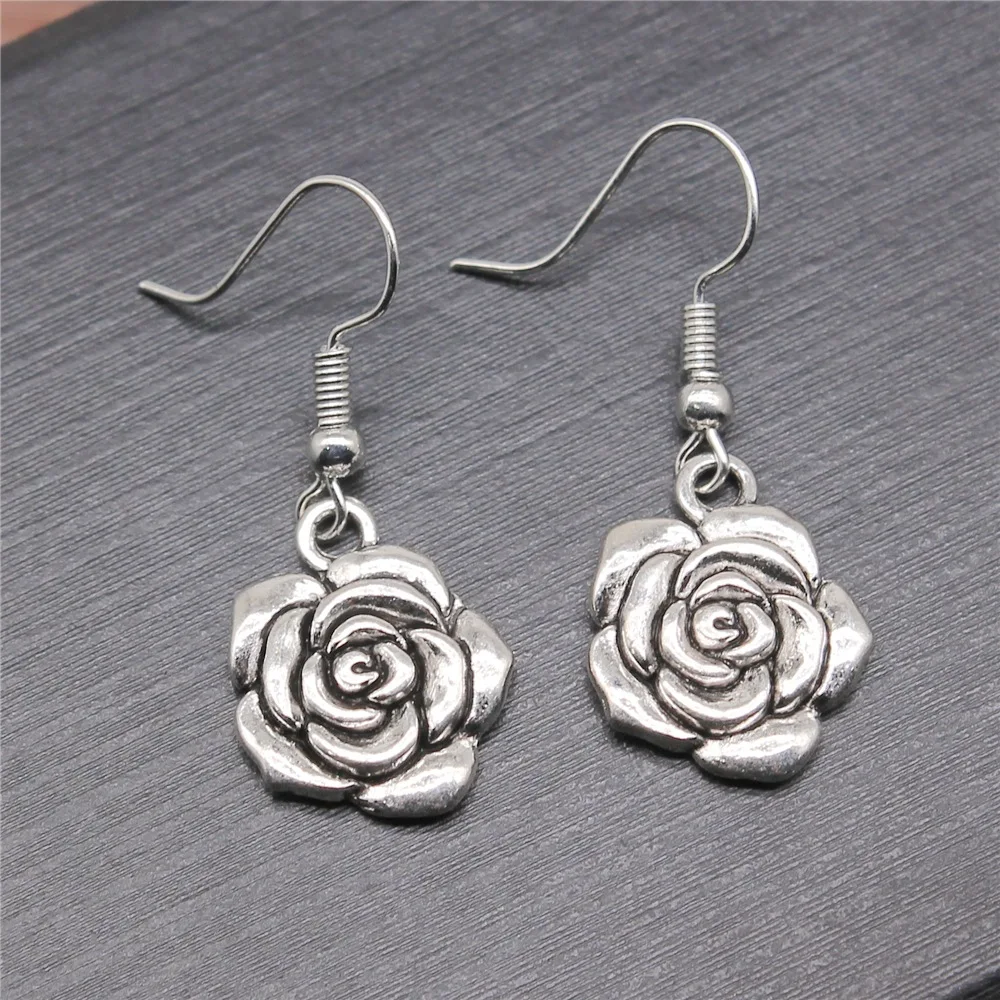 Fashion Handmade Simple Design Antique Silver Color Rose Pendant Earrings Women Vintage Drop Earrings