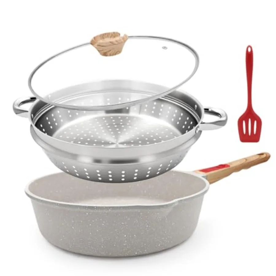 

12-Inch Non Stick Deep Frying Pan Skillet with Steamer 5 QT Nonstick Saute Pan with Lid and Detachable Handle Induction Cooking