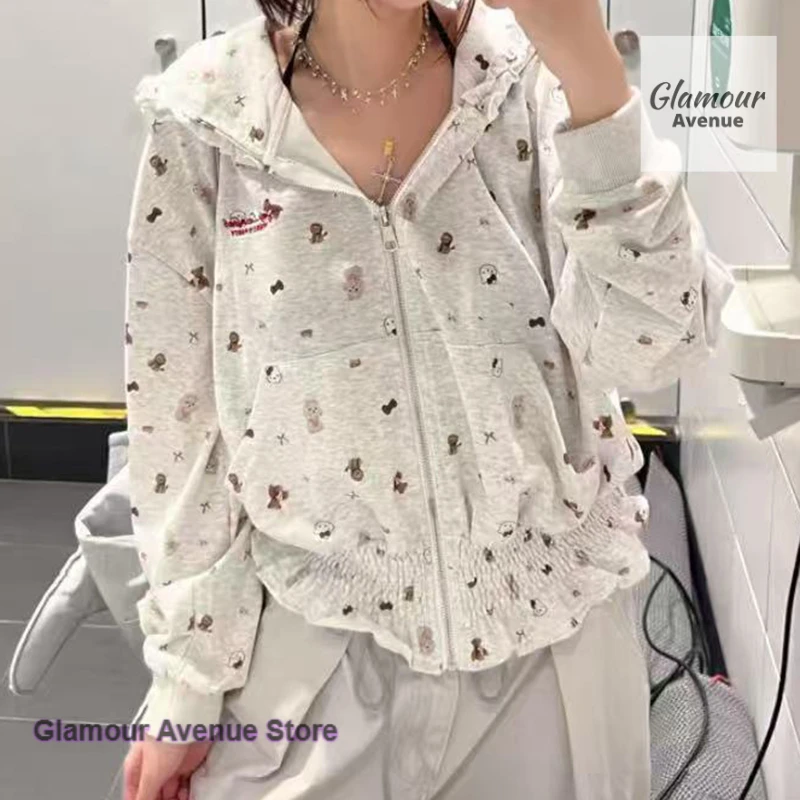 American retro floral hooded sweater women's spring and autumn new fashion relaxed and casual Joker cardigan coat jacket.