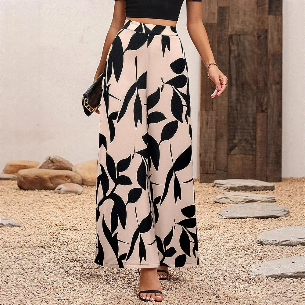2026 Summer New Fashionable and Versatile Chiffon Leaf Casual Pants, Elegant High-Waisted Wide-Leg Pants for Women