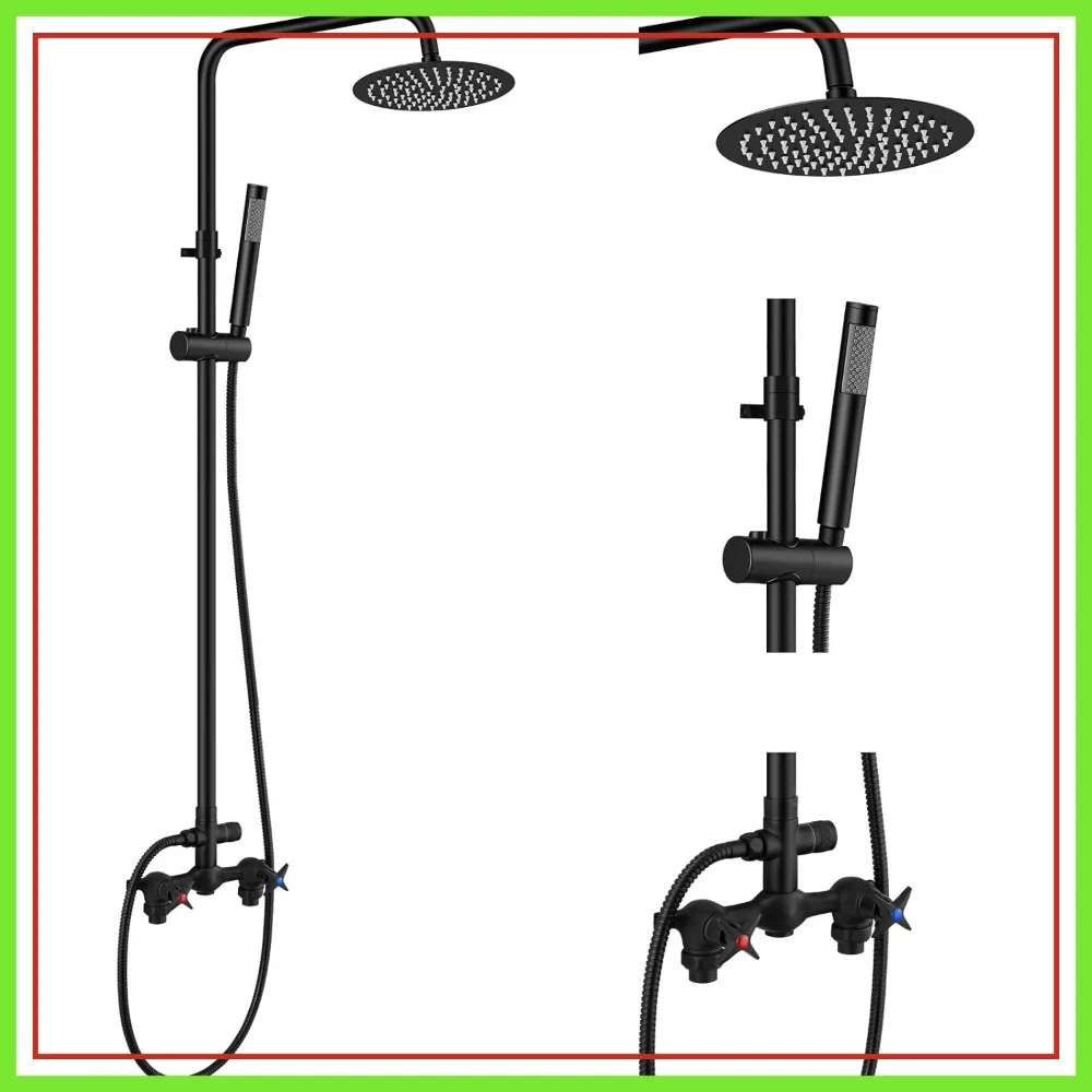 

Outdoor Shower Kit with 8 Inch Rainfall Head & Handheld Sprayer, 2 Handle Faucet System, Adjustable Height Pipe, Matte Black