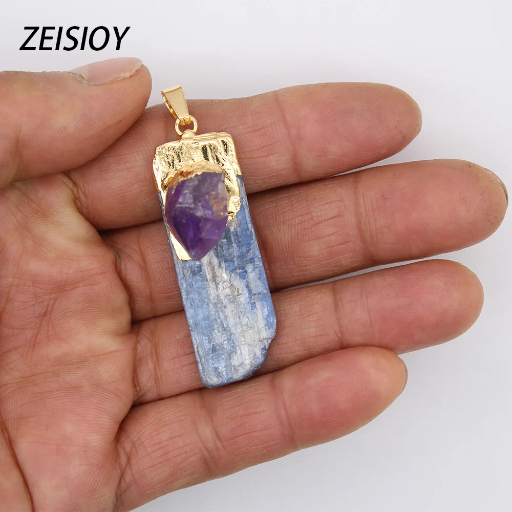 Wholesale of 5 pieces/batch of natural stone blue kyanite pendants Jewelry plated with gold border Blue kyanite earrings Neckla