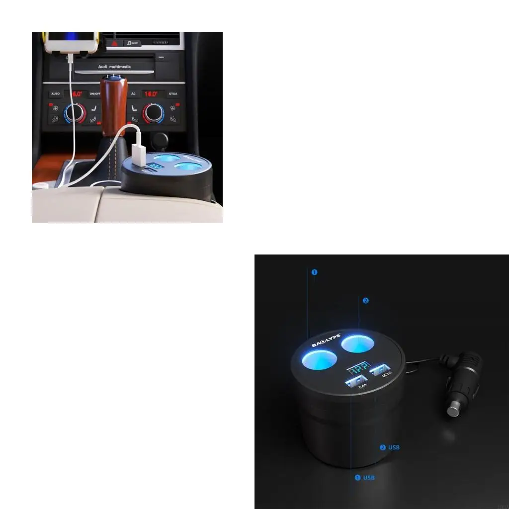 Cup-shaped Cigarette Plug Splitter QC3.0 Double USB Charging Port 193A