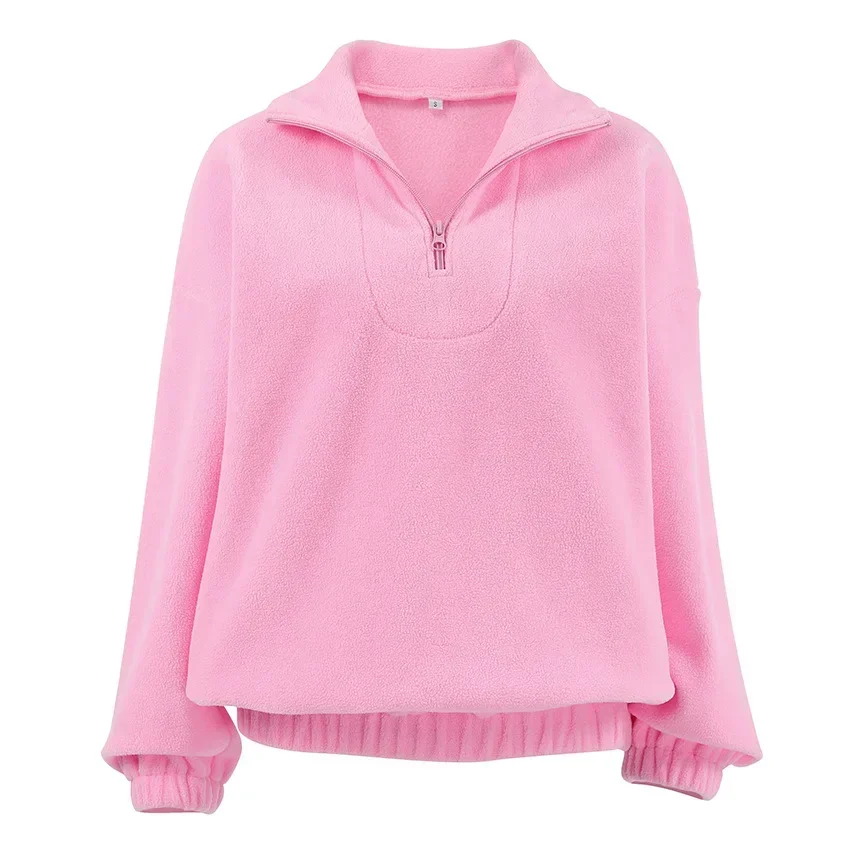 Fashion Fleece Lapel Polo Collar Pullover Women Autmn Winter Casual Pink Loose Zippers Long Sleeve Tops Sweatshirt Outwear Lady