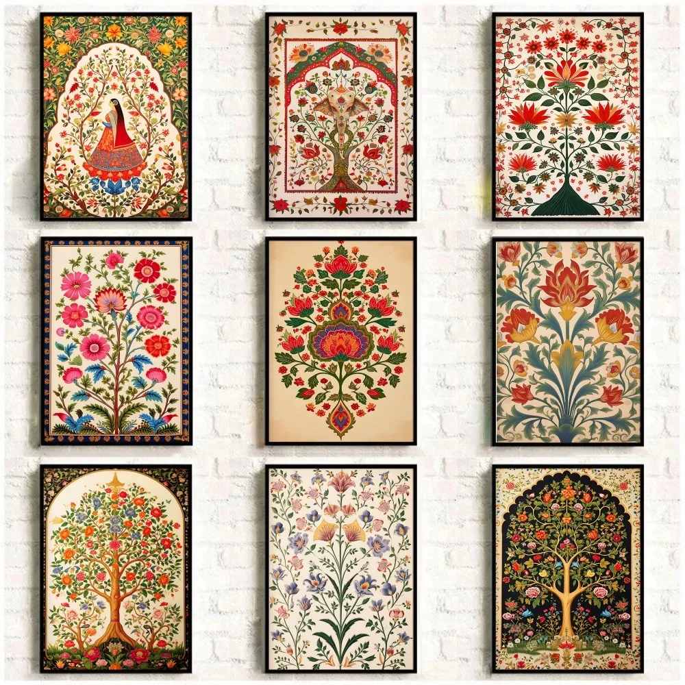 Arte popular indio Árbol de la vida loto Vintage persa patrón Floral cartel dormitorio pegatina de pared sala de estar decoración moderna del hogar