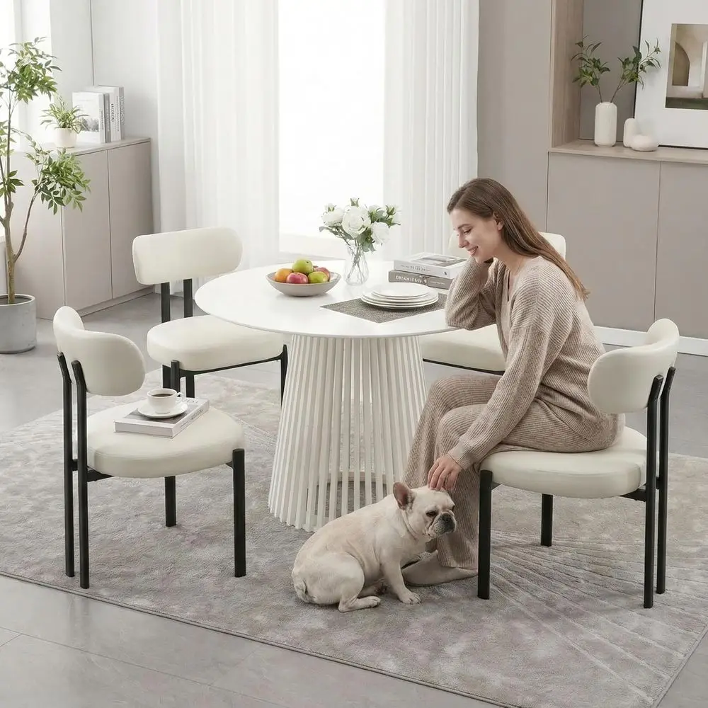 

Set of 4 White Leather Curved Back Dining Chairs with Black Metal Legs for Kitchen or Dining Room