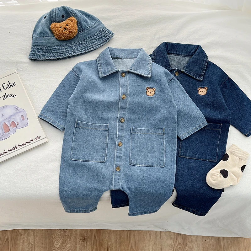 Spring And Autumn Newborn Infant Baby Boys And Girls Cotton Denim Romper Long-sleeved Cute Kids Korean Soft Baby Clothing