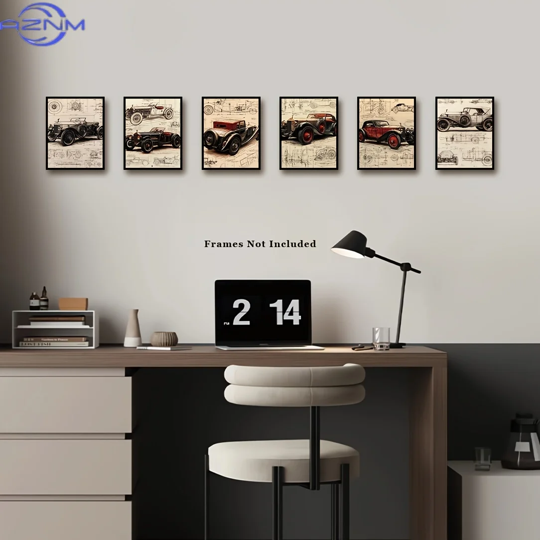 2D/FLAT 6pcs Frameless Art Canvas Posters Featuring Six Pieces of Vintage Car Artwork - Retro Blueprints And Technical Drawings,