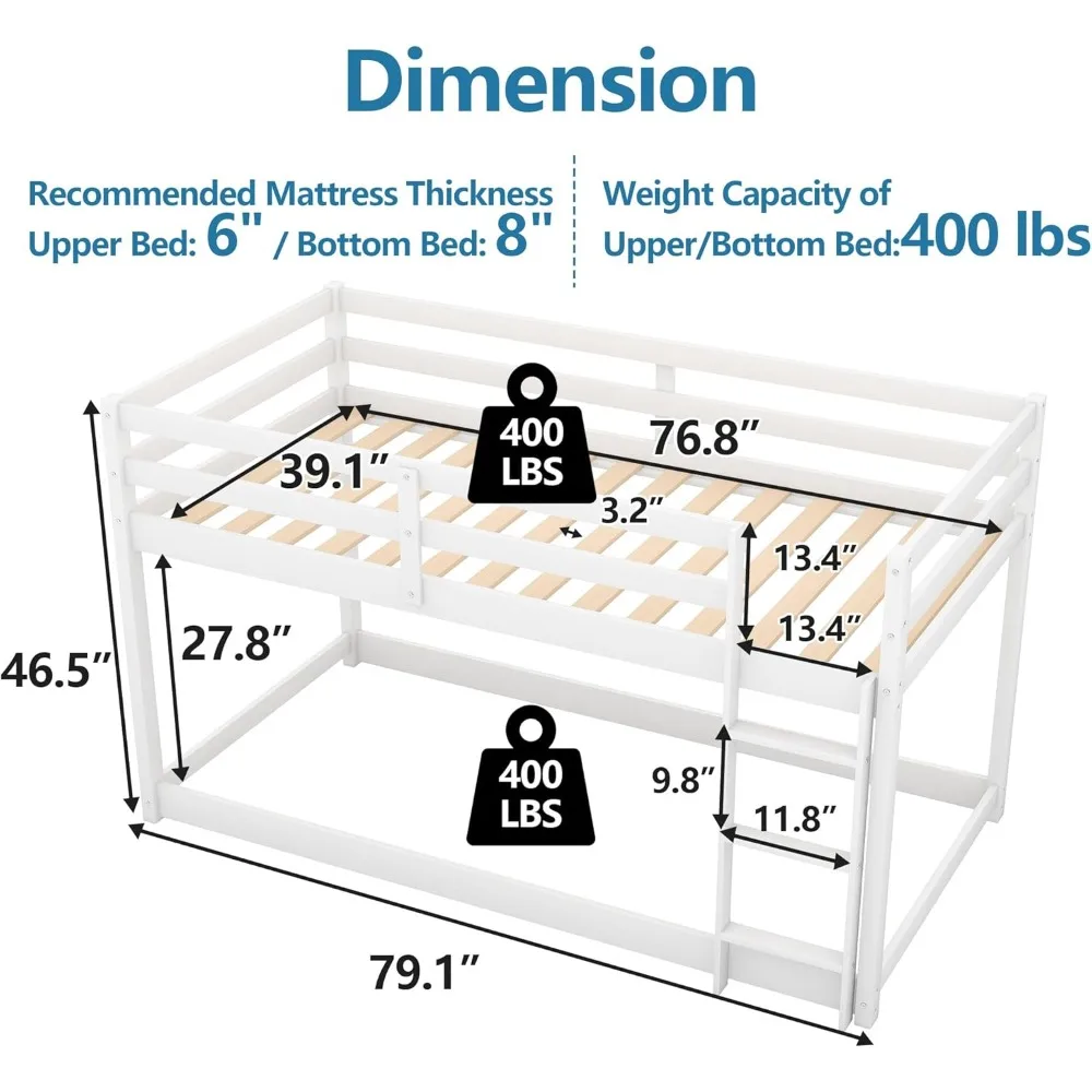 Twin Bunk Bed Frame with Ladder & Full-Length Guardrail, 400LBS Capacity, Easy Assemble, Low Floor Bunk Bed Frame