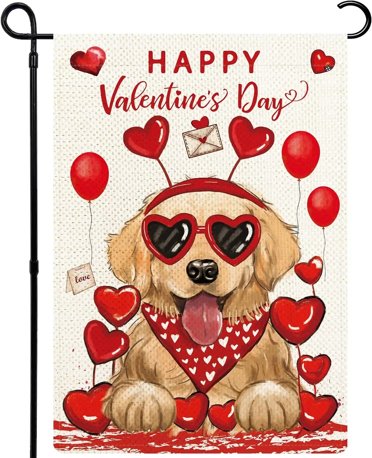 Golden Retriever Valentines Day Garden Flag 12x18 Double Sided, Happy Valentines Day Puppy Dog Garden Flag, Burlap Red Love Anni